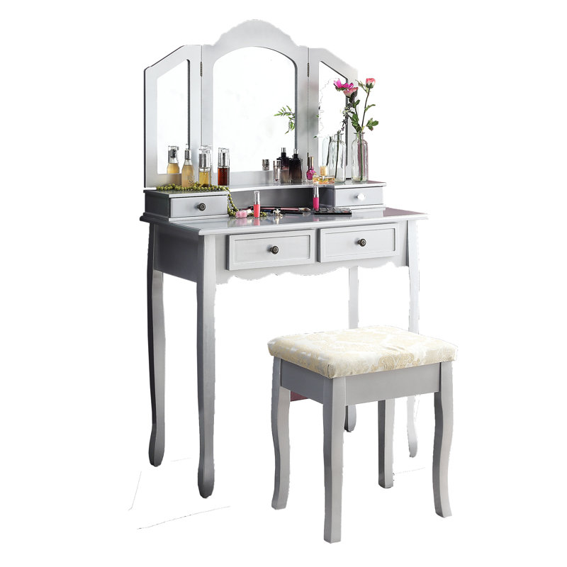 Wooden Vanity Make Up Table And Stool , Silver - Wood Construction With Ample Storage Desk Spacious For Personal Belongings