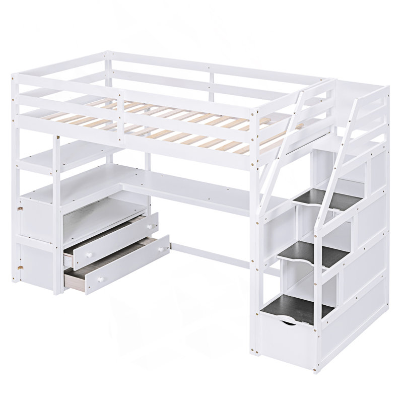 Lit mezzanine simple avec bureau et tablettes, deux tiroirs intégrés, escalier de rangement, Blanc
