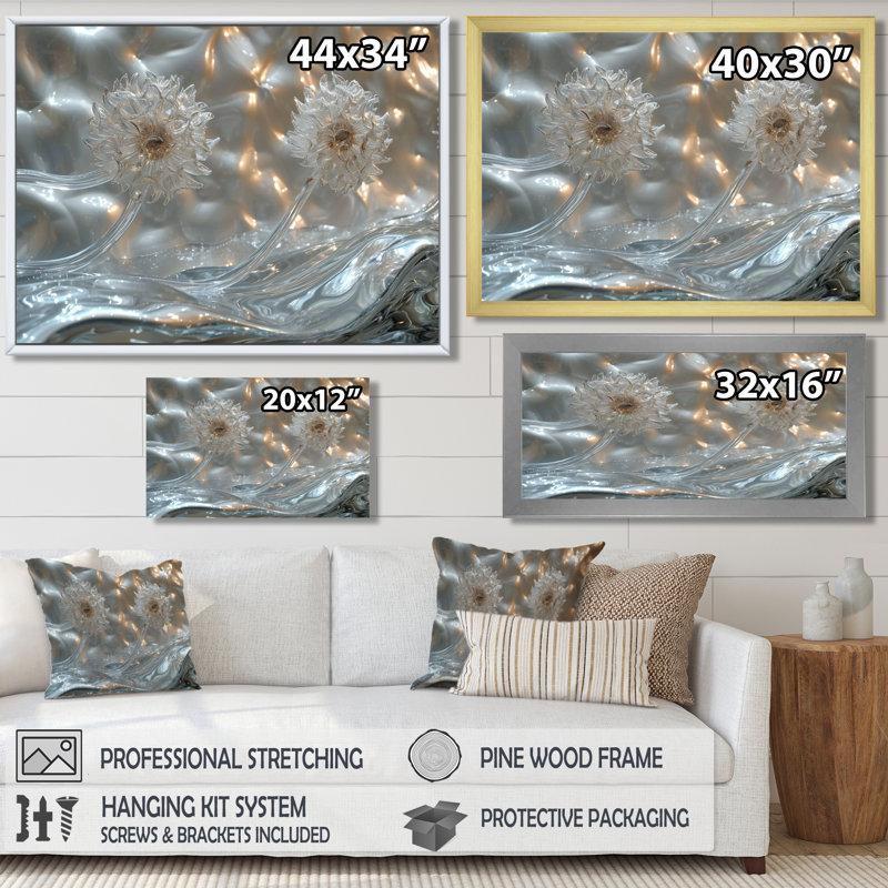 Sparkling Silver Dandelion Dreams II - Pissenlit, art mural, Toile tendue, H 30 po x l 40 po x P 1,5 po