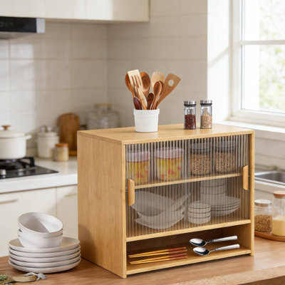 Armoire de rangement en bambou avec 2 portes coulissantes en verre, 3 tablettes réglables et un organisateur de garde-manger autoportant pour épices, plats et ustensiles