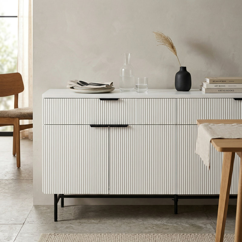 69" Fluted Sideboard Buffet Cabinet With 2 Drawers & 4 Doors, Soft-Close Hinges, Modern Storage Cabinet, Black/White
