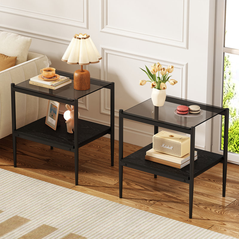 Glass End Table Set, Grey, Grey