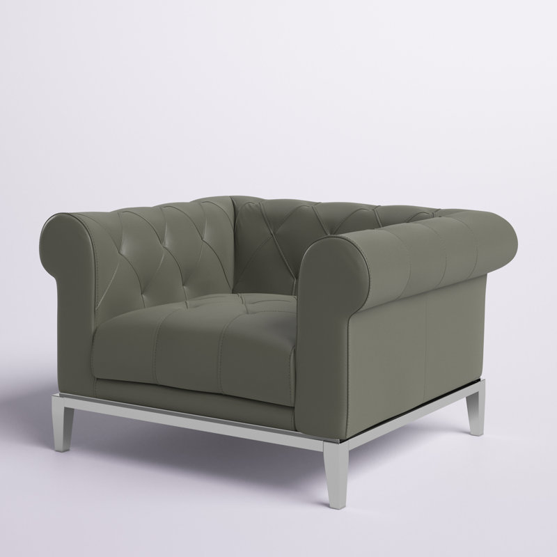 Fauteuil Chesterfield en cuir capitonné à boutons Idyll, Cuir véritable gris