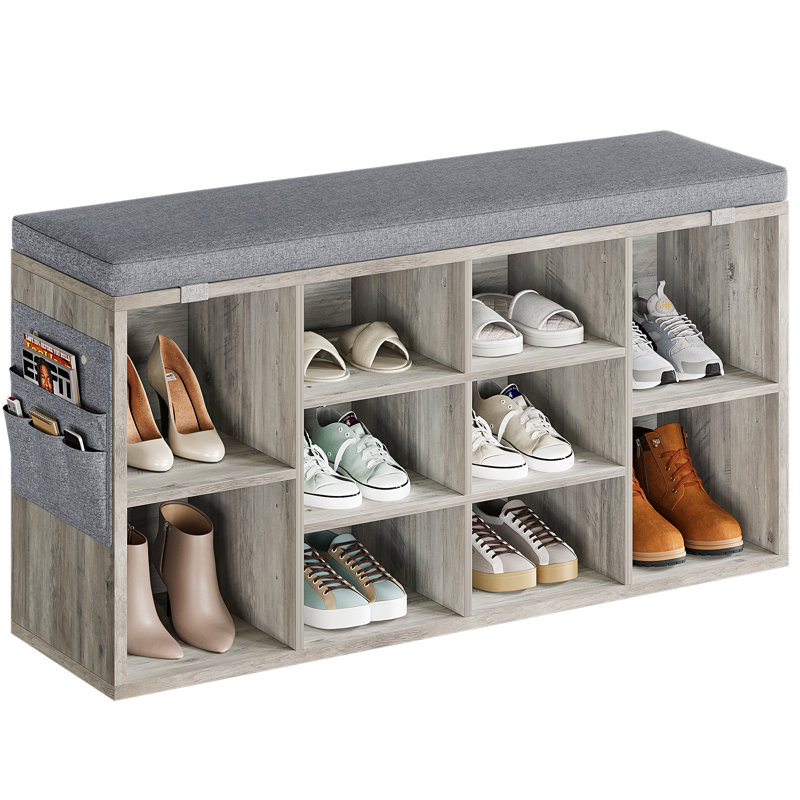 Shoe Storage Bench with Cushion – 41" Cabinet with Adjustable Shelves & Side Bag, 10-Compartment Shoe Rack Organizer for Entryway, Hallway, Mudroom (Grey)
