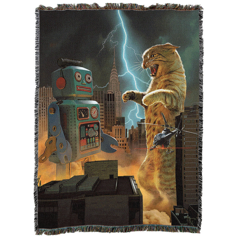 Pure Country Weavers Catzilla Vs Robot Blanket by Vincent HIE - Godzilla Robot Movie Parady - Cute Funny Gift Tapestry Throw Woven from Cotton - Made in The USA (72x54)