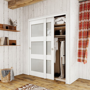 80" White Frosted Glasses Pantry Sliding Closet  Doors With Hardware & Handles