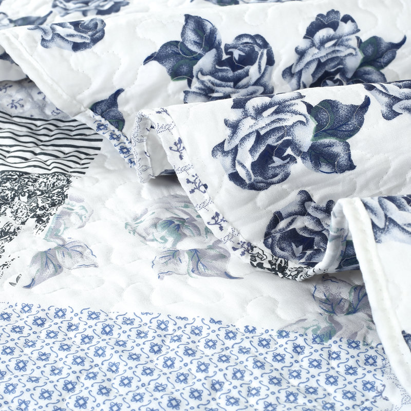 Connie Blue/White/Gray Microfiber 3 Piece Quilt Set, Queen Quilt + 2 Shams