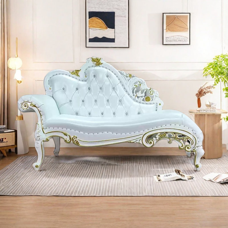 Chaise longue - Similicuir élégant et bois massif, Orienté à gauche (vu de face), Blanc / Blanc, Blanc / or