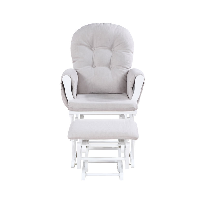 Cleo Wooden Glider and Ottoman, White Wood, Beige Polyester