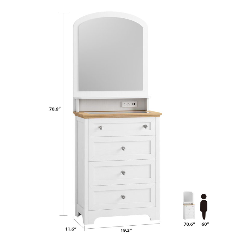 Petite commode à tiroirs avec miroir - Station de charge et bande à DEL, meuble-lavabo à 4 tiroirs blanc pour la chambre à coucher, le salon et le vestibule