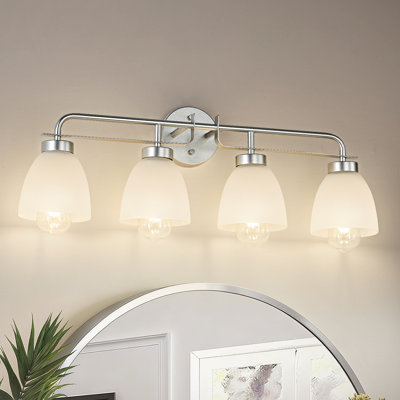 Luminaire de salle de bain 28 po à 4 lumières argentées 28 po avec verre givré Mid-Century
