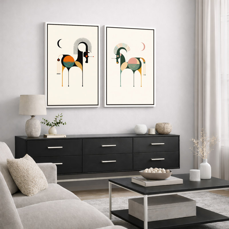 Art moderne et moderne, cheval, art animalier géométrique minimaliste, impression sur toile encadrée, 2 pièces, Cadre blanc