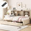 Structure de lit simple de couleur naturelle avec compartiments latéraux, tablettes modernes, 2 tiroirs, douille