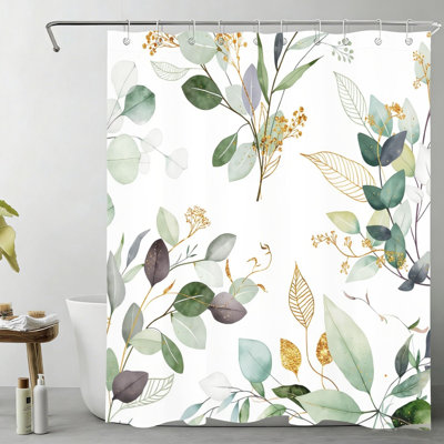 Eucalyptus Gold Foil Leaf Shower Curtain Sage 180x180 cm (72x72 in) with Hooks