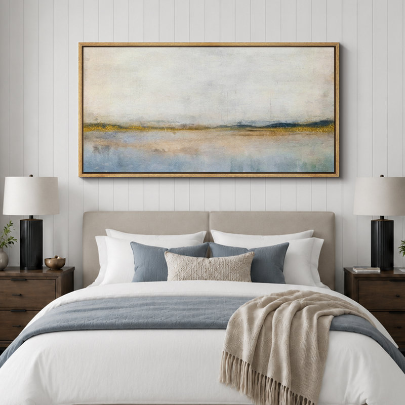 Minimal Landscape Reflective Lake with Golden Accents Modern Art Extra Large Artwork Print Wall Art, 30" H x 60" W, Natural