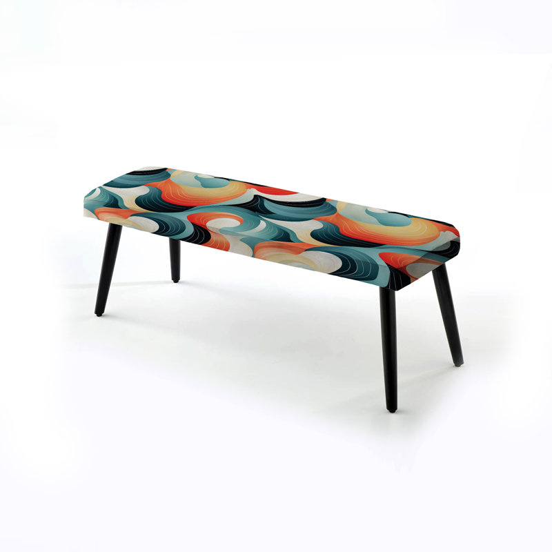 Orange And Green Geometric Ripples Patterns - Coastal Upholstered Black Bench