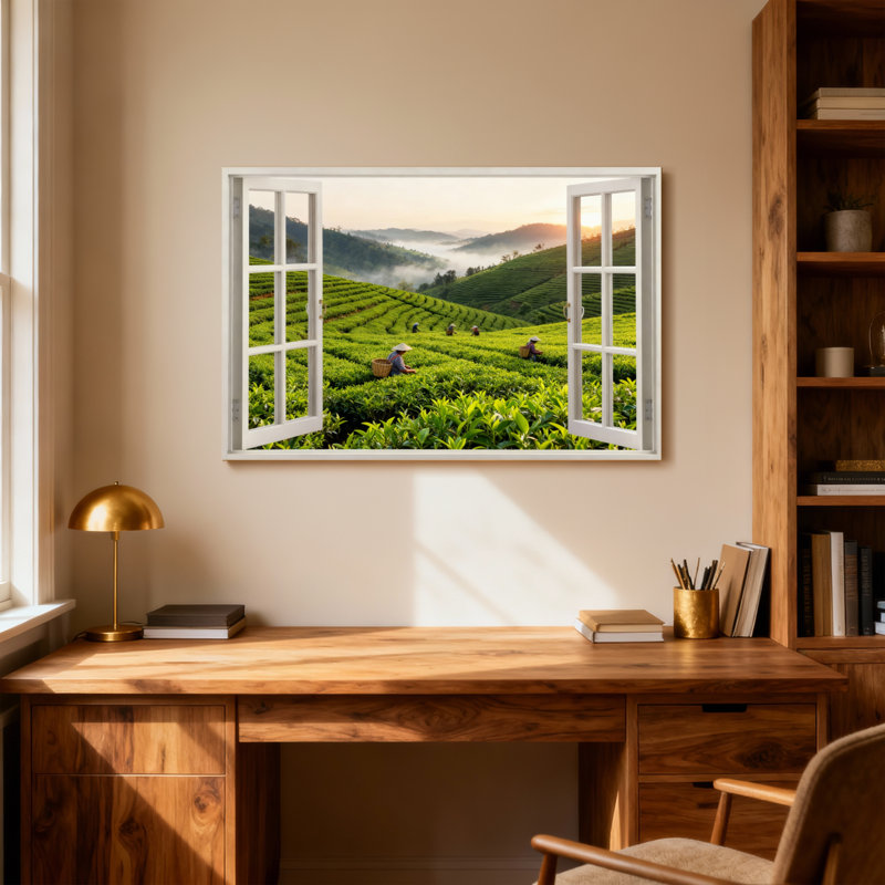 Landscape & Nature Tea Plantation Sunrise Scenic View Window Frame, 12" H x 18" W