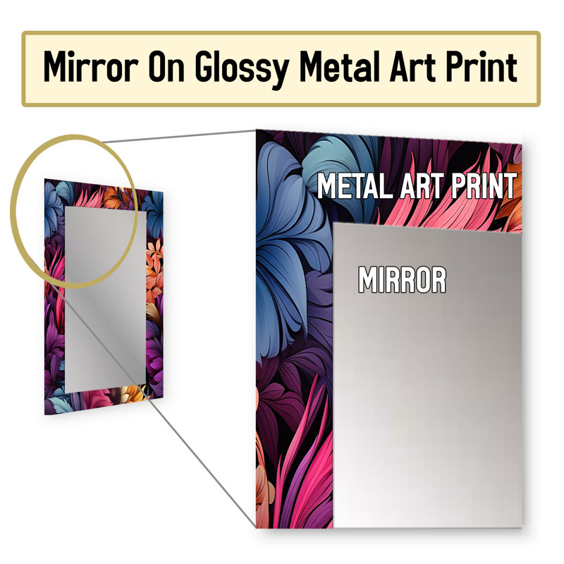 Boho rose et bleu plume fusion - miroir décoratif floral, miroir mural floral, impression d'art en métal, 32 po x 24 po