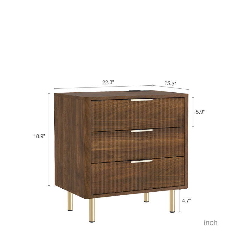  Table de chevet moderne avec station de charge et ports USB, table de chevet cannelée à 3 tiroirs, table de bout latérale, bois foncé