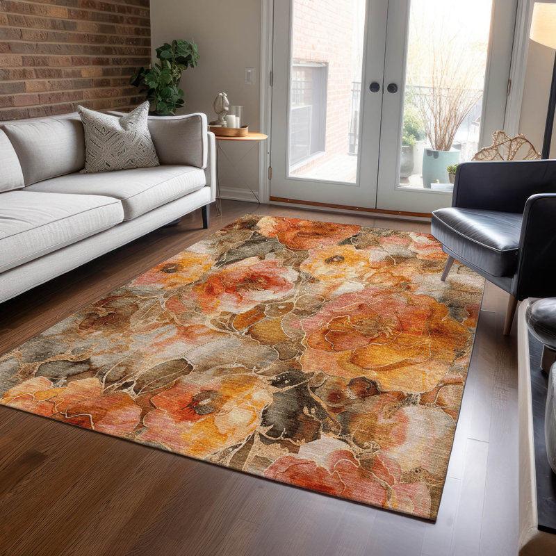 Tapis orange intérieur / extérieur lavable à la machine Xhevrie, Rectangulaire 8 pi x 10 pi