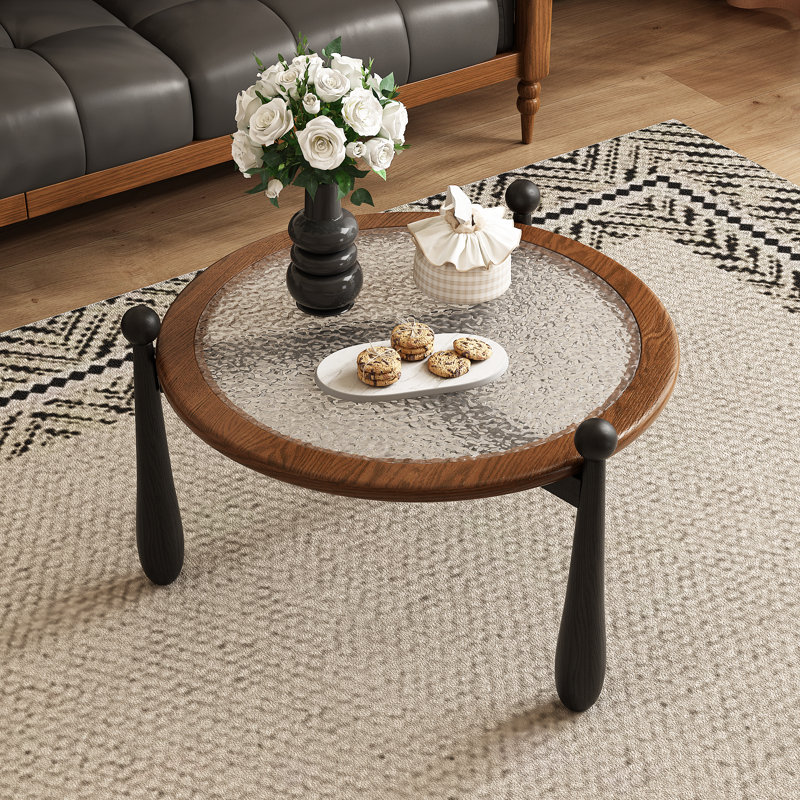 31.5" Round Coffee Table with Water Ripple Glass Top, Mid-Century Modern Coffee Table with Solid Wood Frame & Black Legs, Circular Centre Table for Living Room