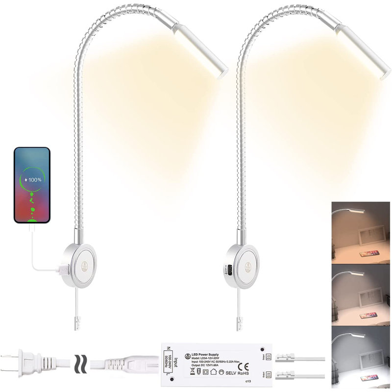 2-Pack Plug-In LED Wall Reading Lights with Touch Dimming, USB & Type-C, Silver, Silver
