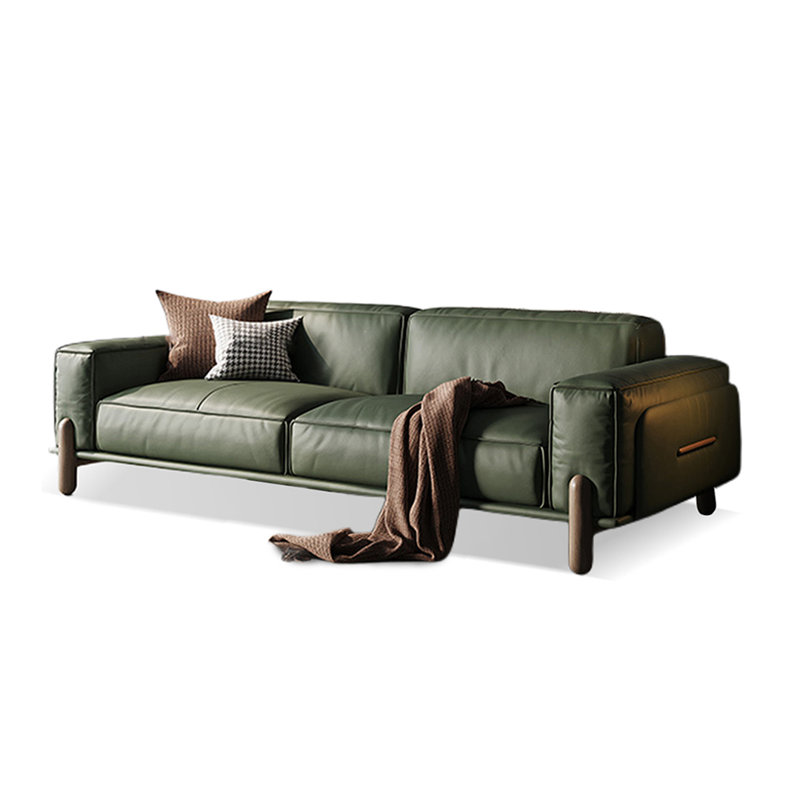 Mid century modern sofa,Genuine Leather sofa with Solid Wood,Loveseat Green couch, 29.53" H x 86.61" W x 37.4" D, Green