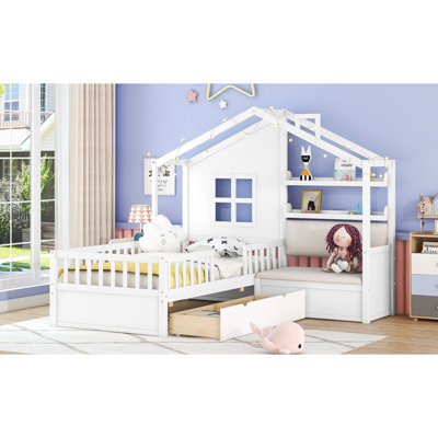 Lit simple avec canapé, lit plateforme pour enfants avec deux tiroirs et tablette de rangement, blanc (ancien SKU: HL000065AAK)