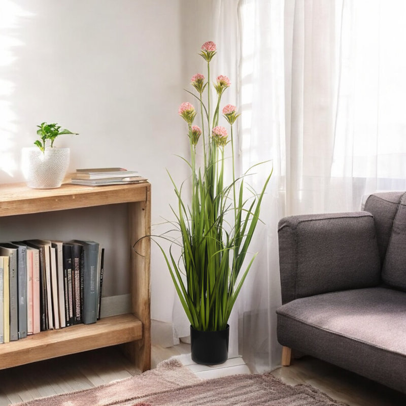 Herbe artificielle 48 pouces avec fleurs réalistes en pot noir, Rose