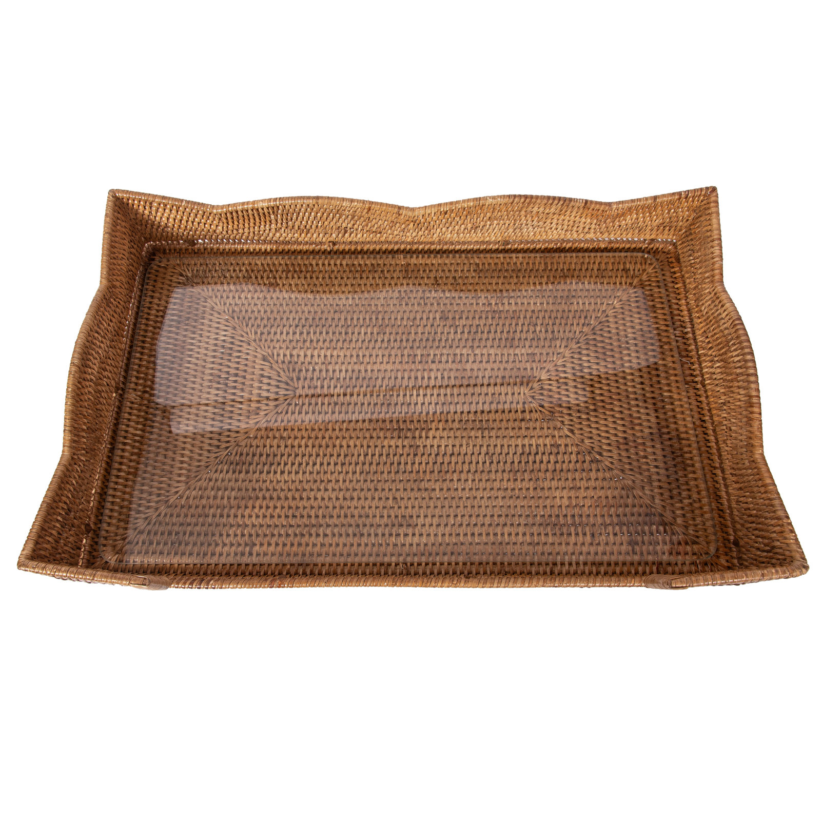 Scallop Design Breakfast Tray With Glass Insert, Honey Brown