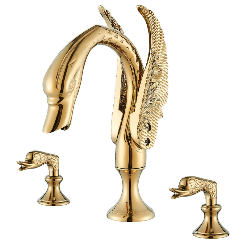 Ornate Swan Style Bathroom Sink Faucet Combo Deck Mount Sink Mixer Tap Set Hot Cold Water Vessel Sink Faucet 2-handle, Gold