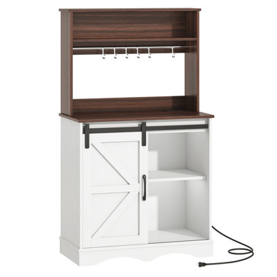 55.1" H Sideboard, Farmhouse Coffee Bar Cabinet With Storage Hutch, Rustic Kitchen Coffee Station With Charging Station & 6 Hooks, Buffet Cabinet With Sliding Barn Door & Adjustable Shelf​, White