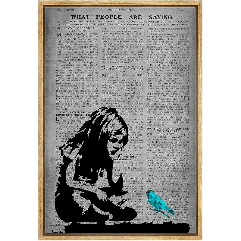 Journal Banksy Girl sur toile, H 36 po x l 24 po x P 1,5 po, Cadre naturel flottant