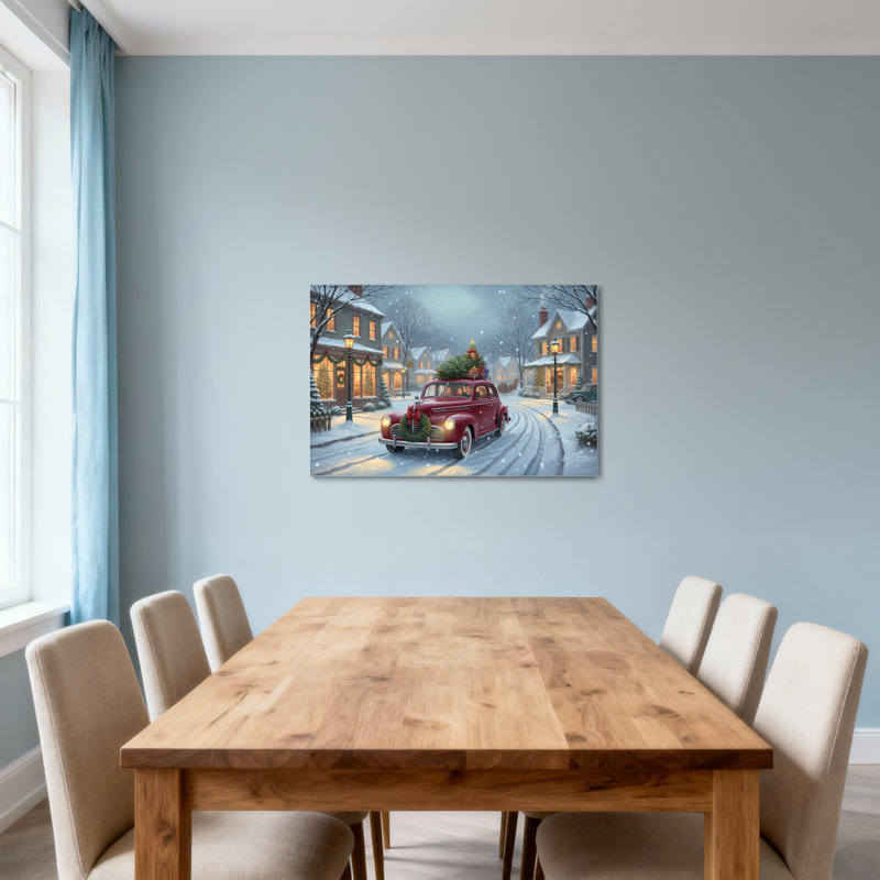 Noël, voiture de Noël, scène de rue enneigée, lumières des Fêtes, H 12 po x l 18 po
