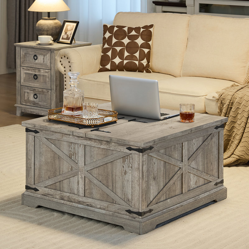 Farmhouse Coffee Table With Hidden Storage Organizer, Modern Square Large Center Table, Wood Farm House Low Rustic Light Oak Living Room Tables With Hinged Lift Top For Home, Office