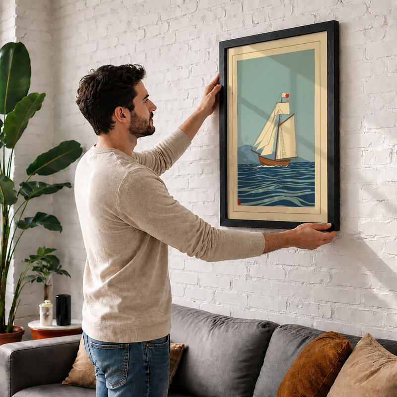 Sailing Vessel at Calm Coastal - Framed Print, Oak, A4 - 29.7 x 21.0 cm
