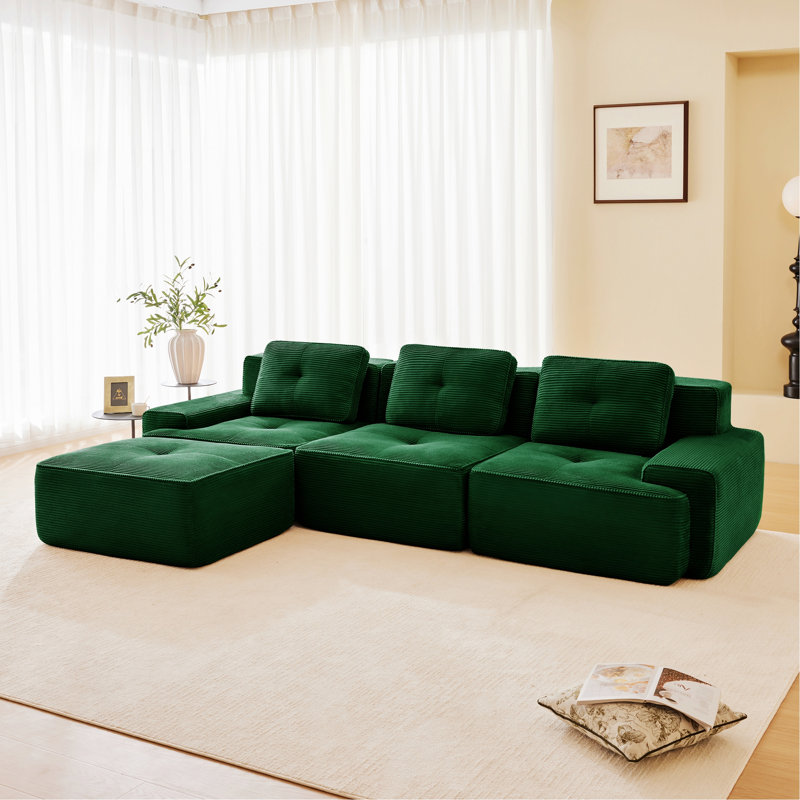 Canapé contemporain contemporain, canapé modulaire en forme de L moderne de 117 pouces, tissu en velours côtelé, assise profonde, repose-pieds mobile, conception capitonnée