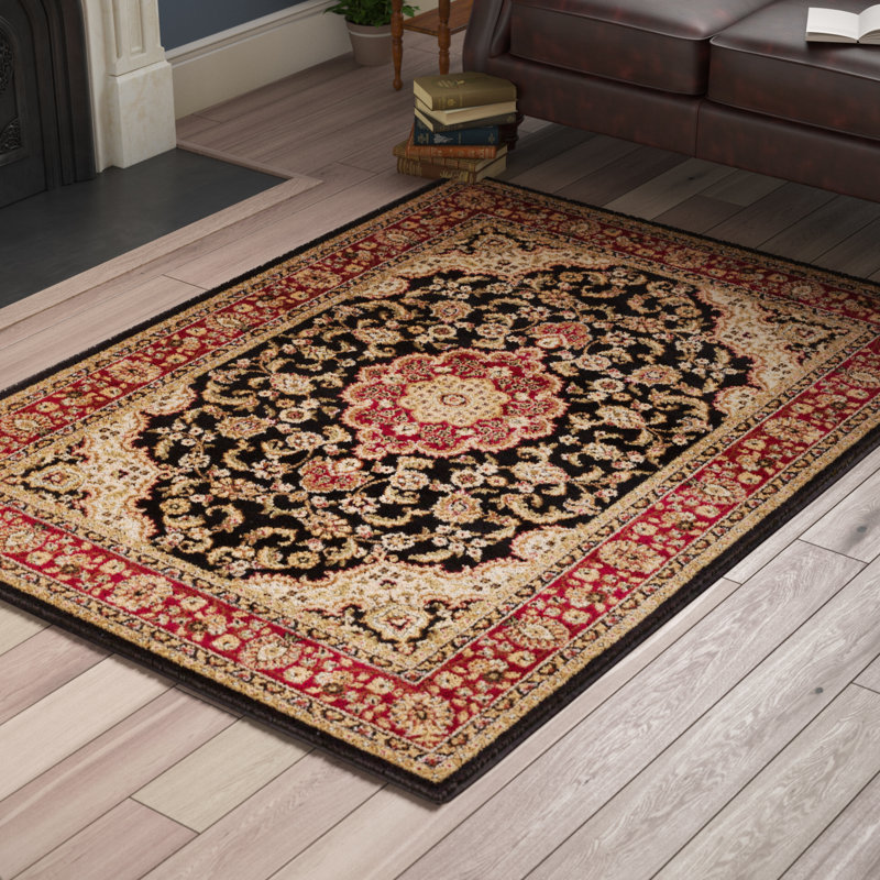 Belliere Medallion Kashan Black Traditional Rug, Rectangle 3'11" x 5'3"