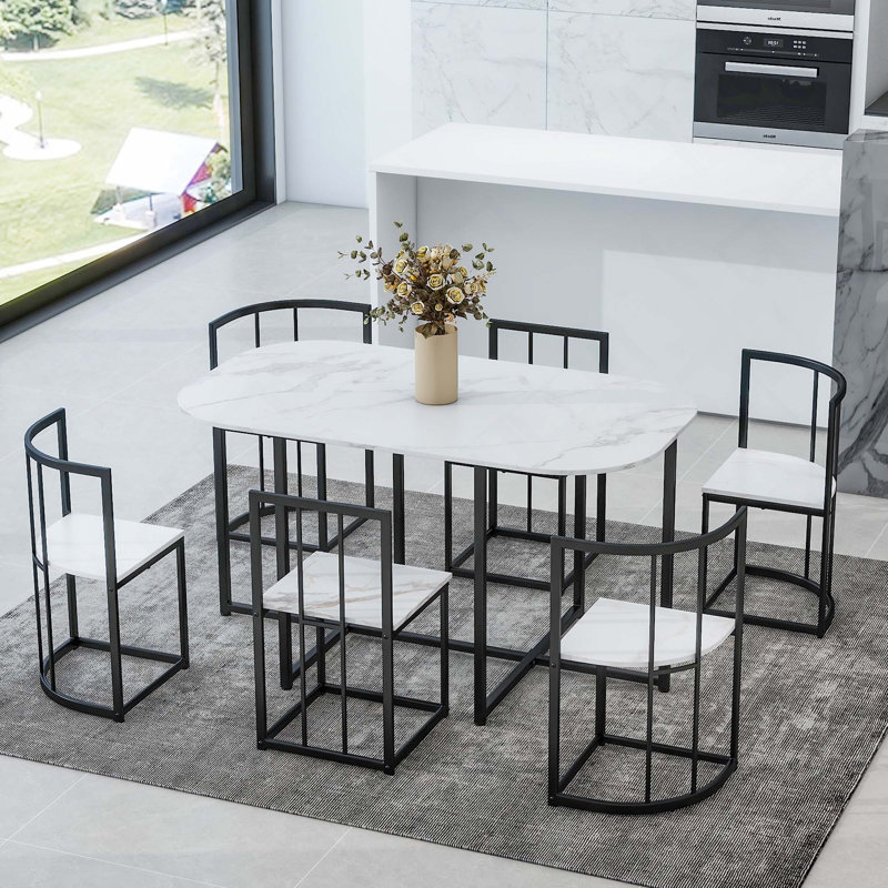 Ensemble de table à manger moderne 7 pièces, 1 table de salle à manger avec 2 chaises sans accoudoirs et 4 chaises d'angle