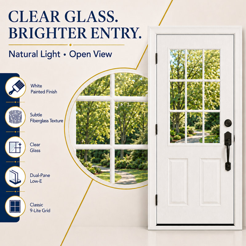 36" x 80" Fibreglass Front Entry Door, White Primed Woodgrain, 9-Lite Clear Low-E Glass, Left-Hand Inswing,only Slab