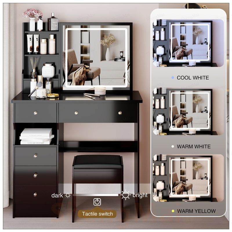 Table de meuble-lavabo à gauche DEL avec tabouret rembourré, miroir coulissant, commande tactile et rangement de grande capacité, certifié pour la sécurité