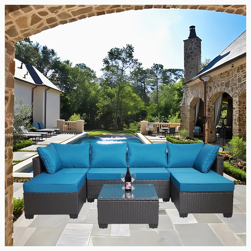 Gugna 106.29'' Wide U-Shaped Patio Sectional Set with Cushions, Black, Teal