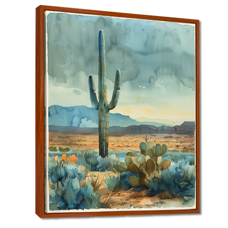 Cactus vert et gris, désert, rêve I - art mural floral cactus, Toile avec cadre flottant brun, H 44 po x l 34 po x P 1,5 po
