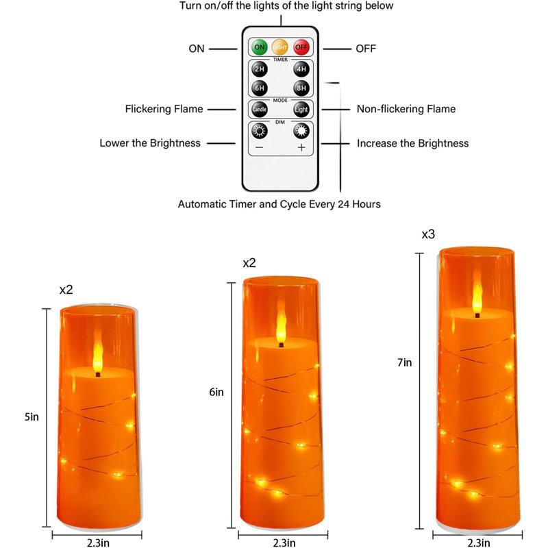 Orange LED Flameless Pillar Candles with Timer and Remote, Set of 7