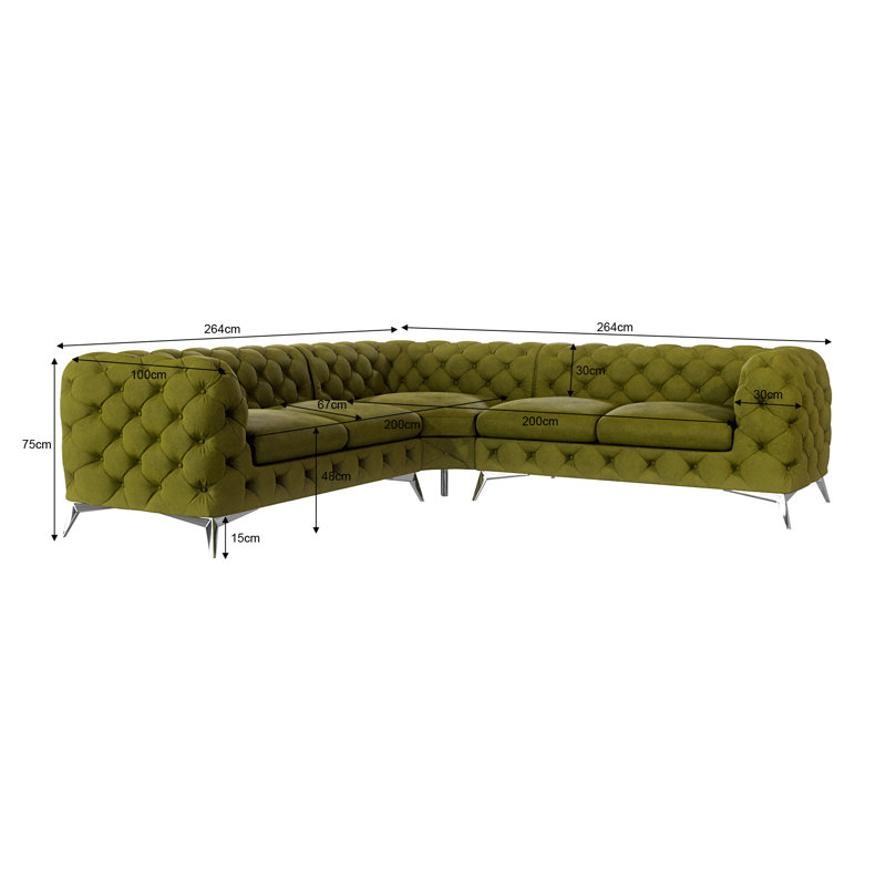 Chesterfield Corner Sofa L-Shape  with Silver Metal Legs, Olive