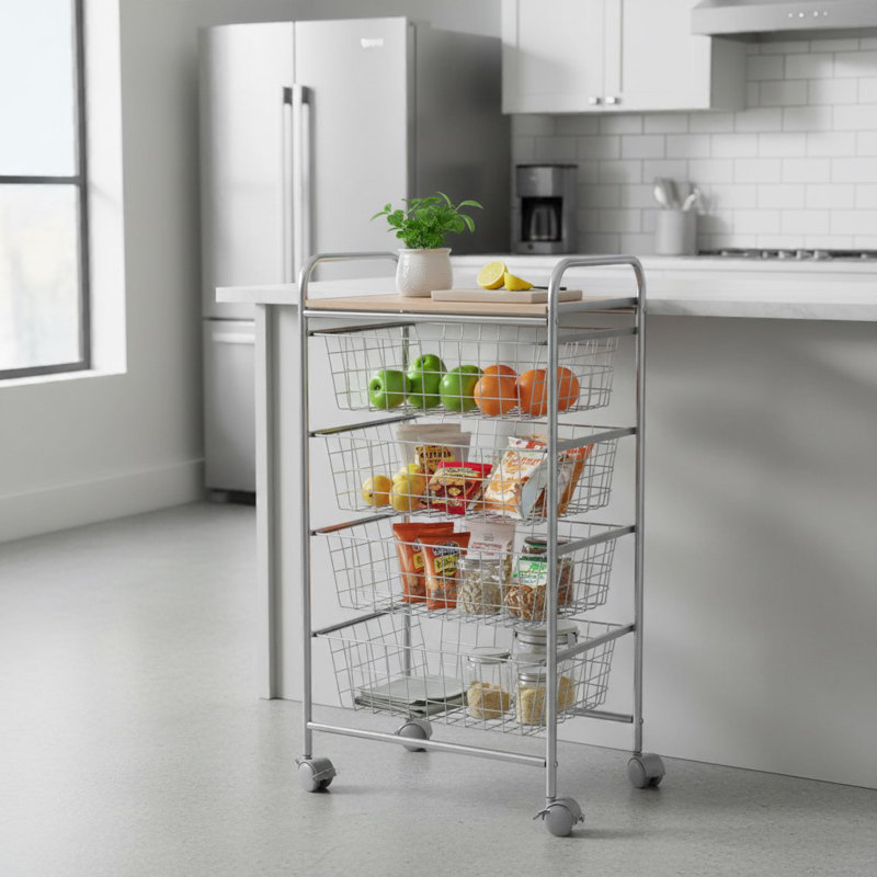 Kitchen Storage Cart with 4 Removable Baskets – Grey Frame & Beech Top, Utility Trolley on Wheels, Aadhav
