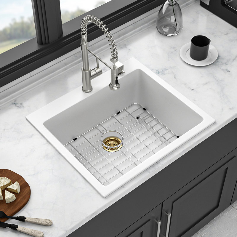 Évier de cuisine en quartz - Évier de cuisine encastré en granite blanc 25 x 22 po