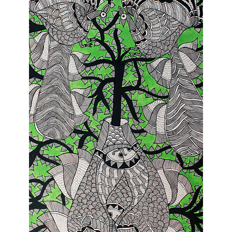 Paon sur un arbre à l'intérieur d'un pot à motifs | Madhubani Peinture