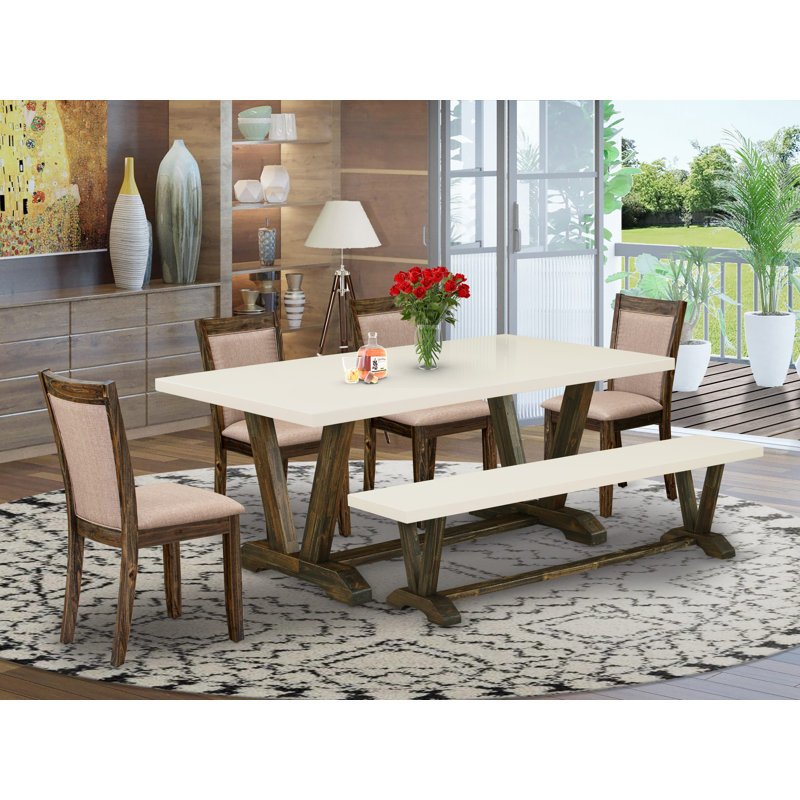 6 Piece Set a Linen White Top Kitchen Table in Trestle Base with a Small Bench and 4 Dark Khaki Linen Fabric parson chairs - Distressed Jacobean Finish
