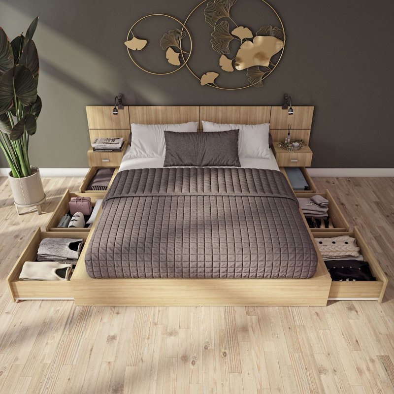 Delta Collection 6-Drawer Captain’s Storage Bed – Platform Bed with Headboard & 2 Nightstands – No Box Spring Required, Beige